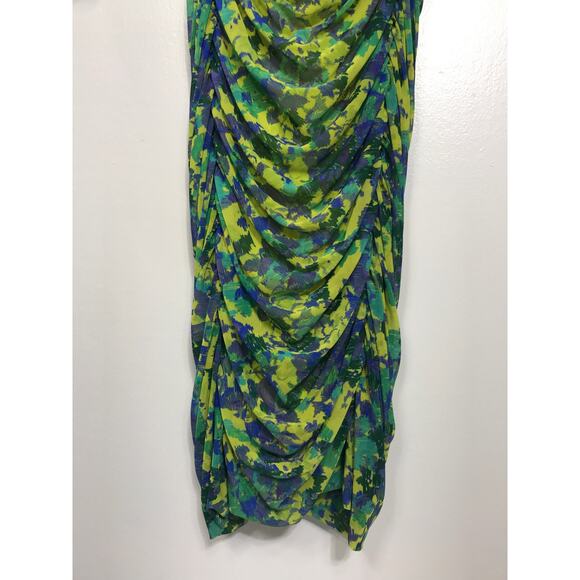 GANNI Ruched Mesh Dress Sulphur Spring Green Yellow Floral Midi 38 Wedding Guest - Picture 6 of 14